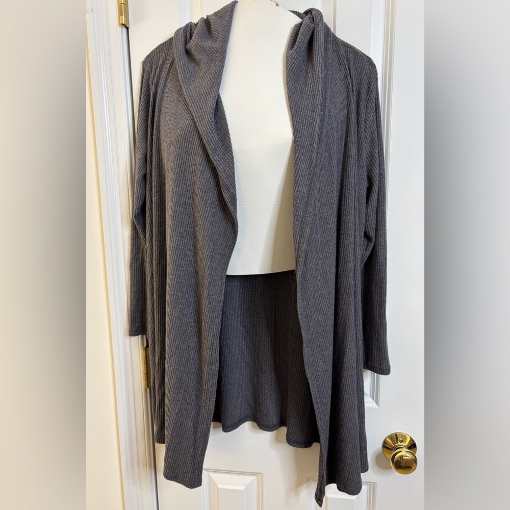 Hanger 55 Cardigan Duster Hooded charcoal gray open-front ribbed sweater casual